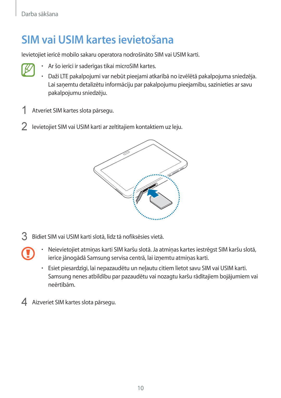 Samsung SM-T535NZWASEB, SM-T535NYKASEB manual SIM vai Usim kartes ievietošana 