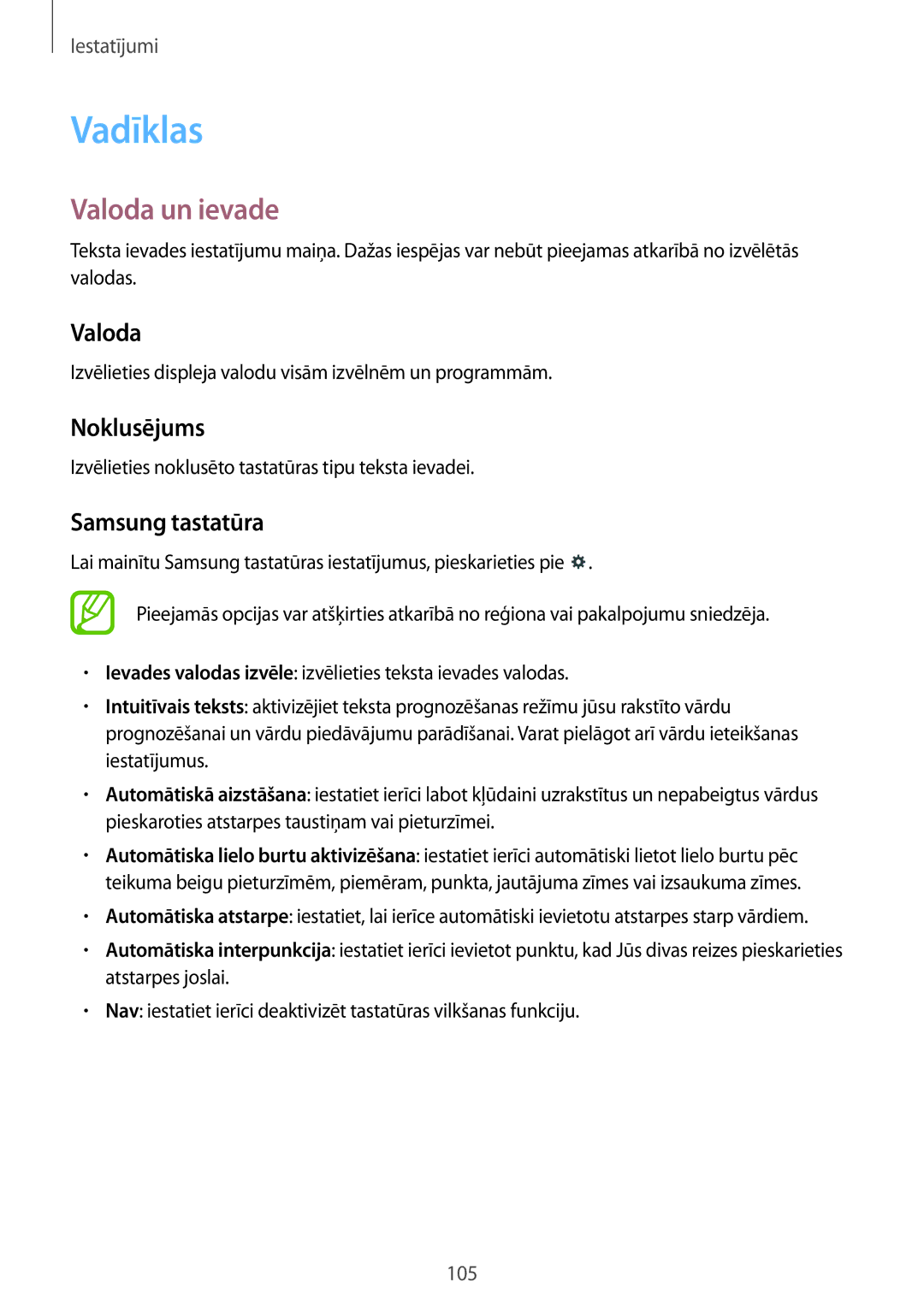 Samsung SM-T535NYKASEB, SM-T535NZWASEB manual Vadīklas, Valoda un ievade, Noklusējums, Samsung tastatūra 