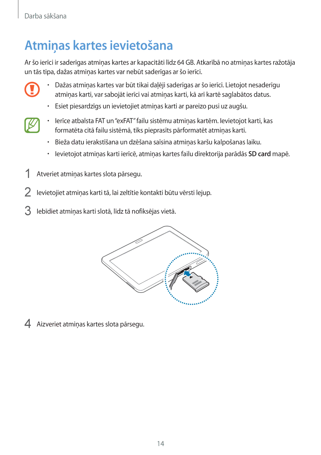 Samsung SM-T535NZWASEB, SM-T535NYKASEB manual Atmiņas kartes ievietošana 