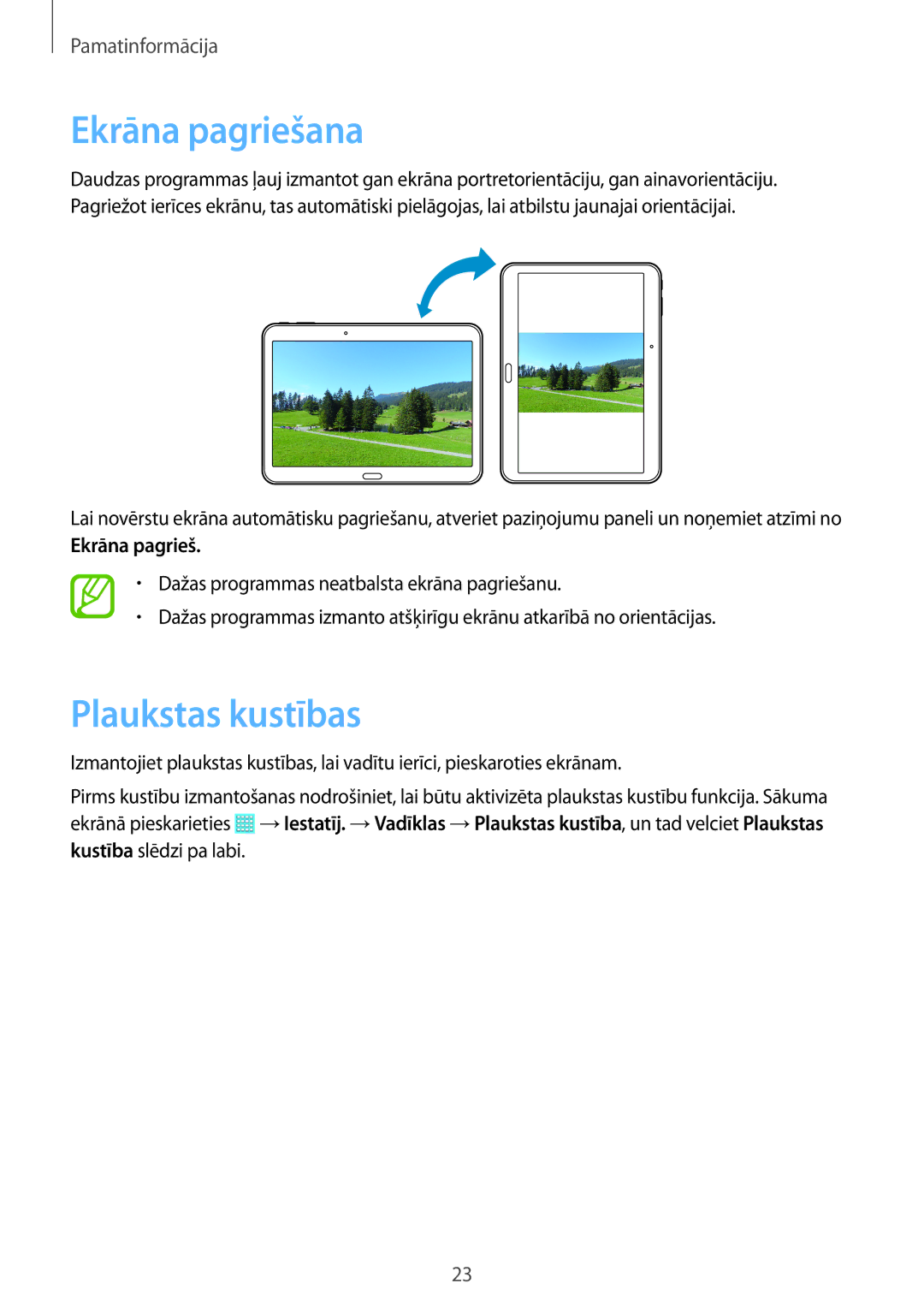 Samsung SM-T535NYKASEB, SM-T535NZWASEB manual Ekrāna pagriešana, Plaukstas kustības 