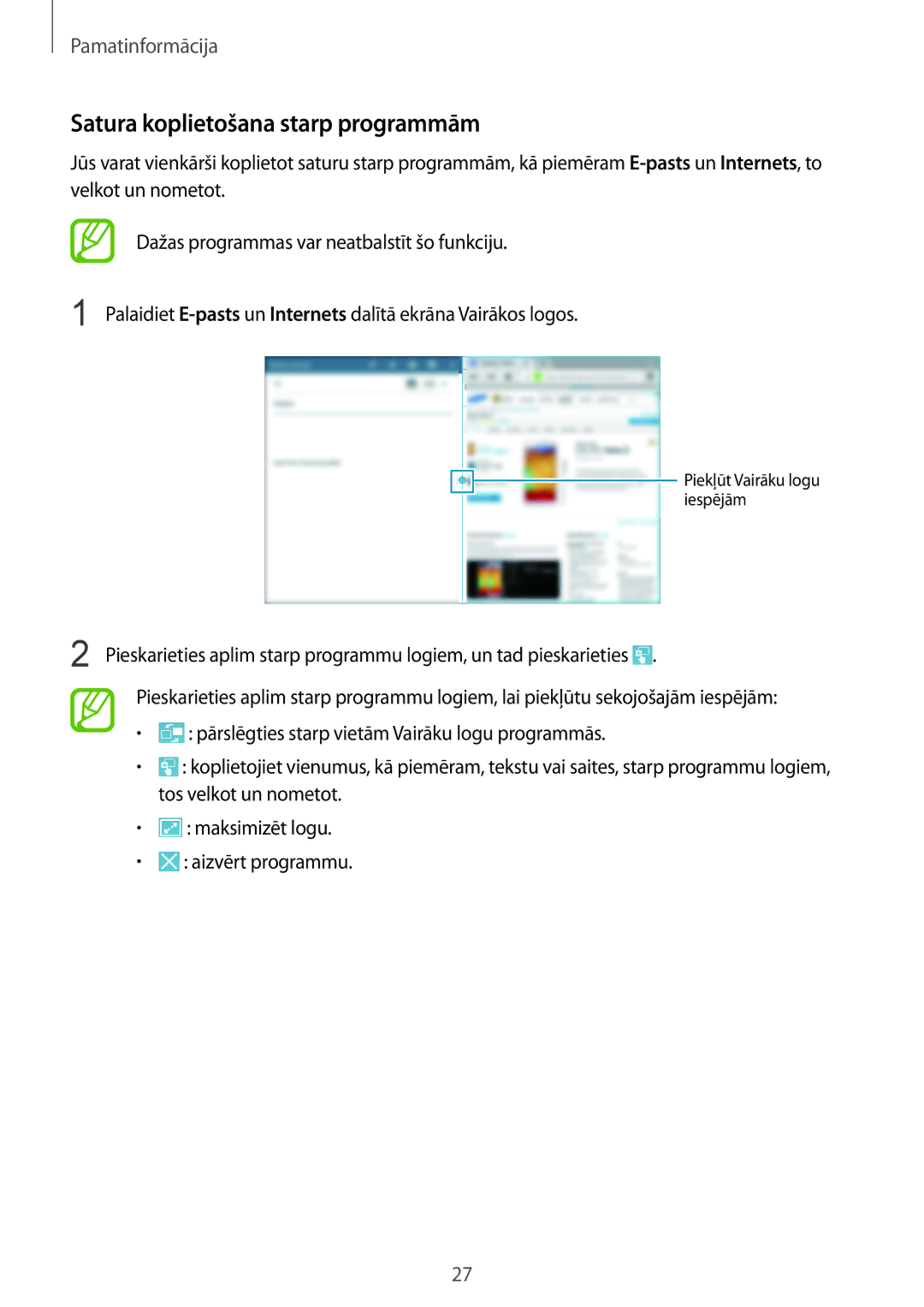 Samsung SM-T535NYKASEB, SM-T535NZWASEB manual Satura koplietošana starp programmām 