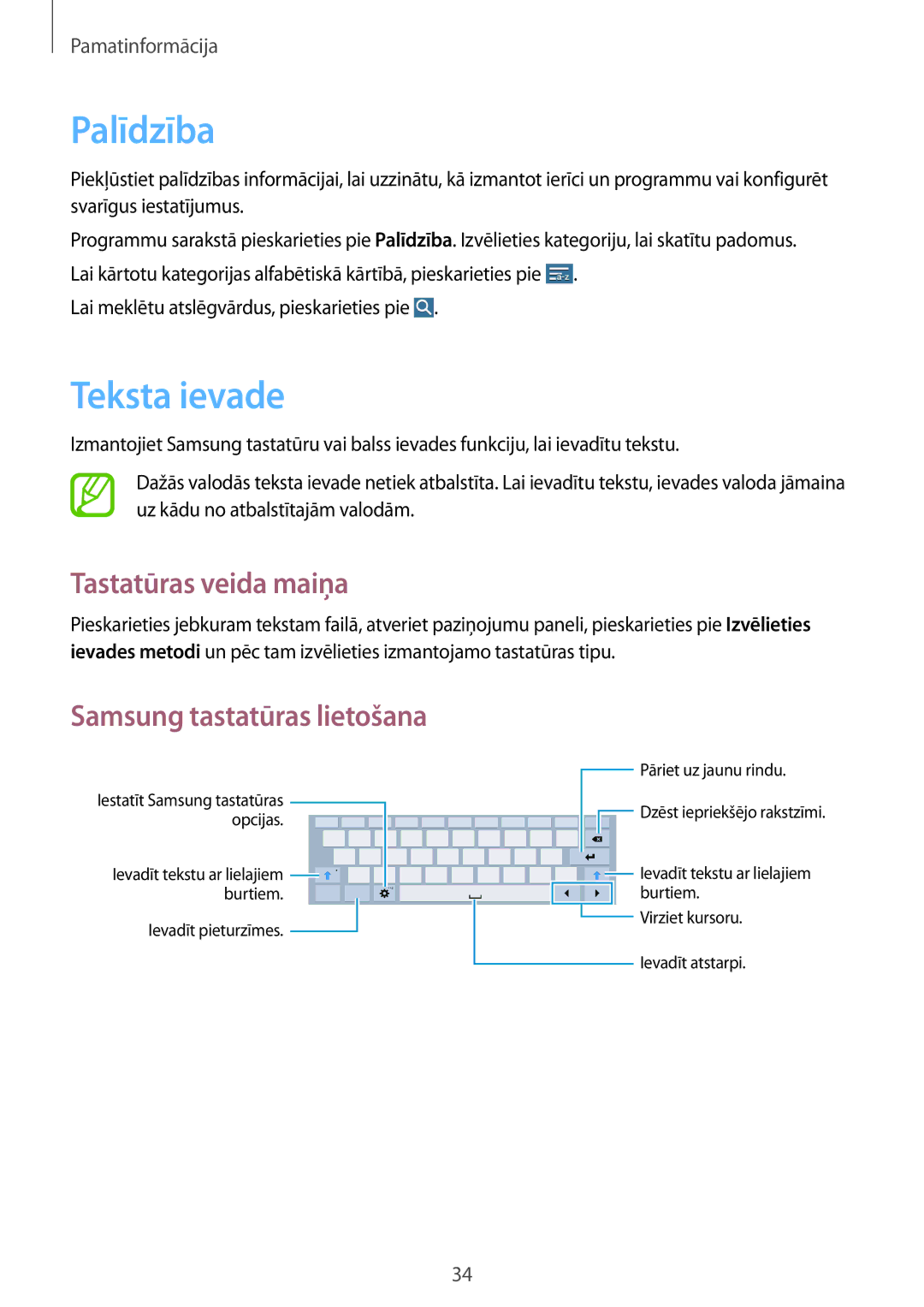 Samsung SM-T535NZWASEB, SM-T535NYKASEB manual Palīdzība, Teksta ievade, Tastatūras veida maiņa 