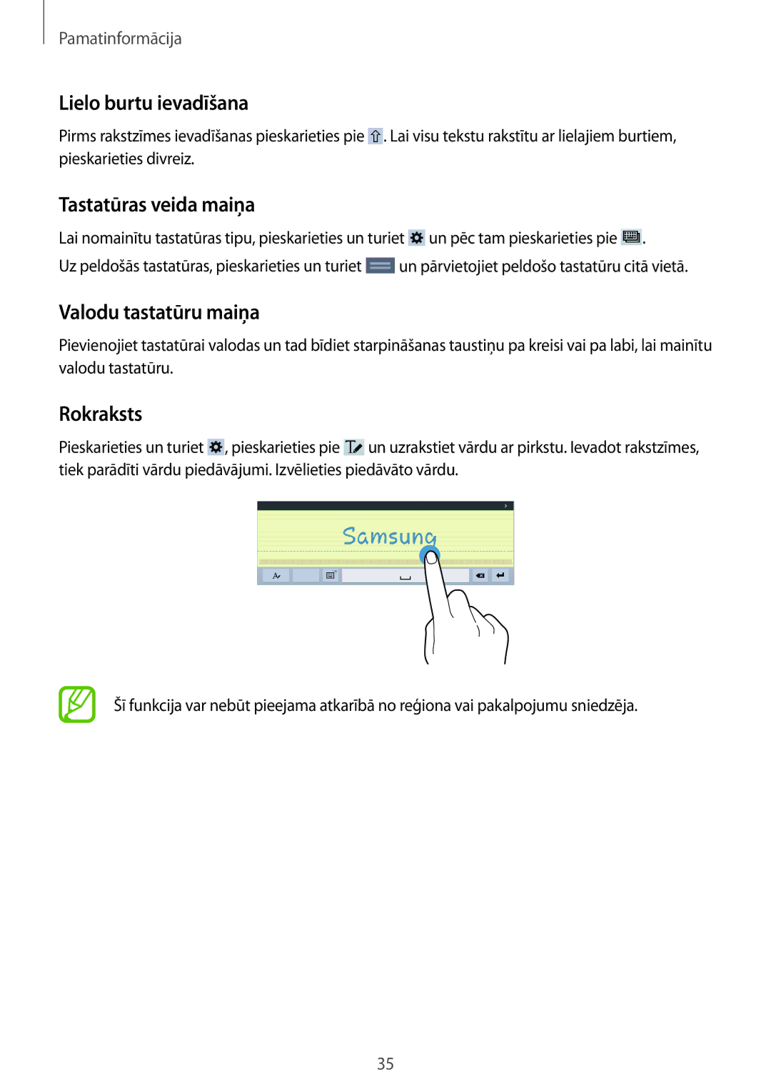 Samsung SM-T535NYKASEB, SM-T535NZWASEB Lielo burtu ievadīšana, Tastatūras veida maiņa, Valodu tastatūru maiņa, Rokraksts 