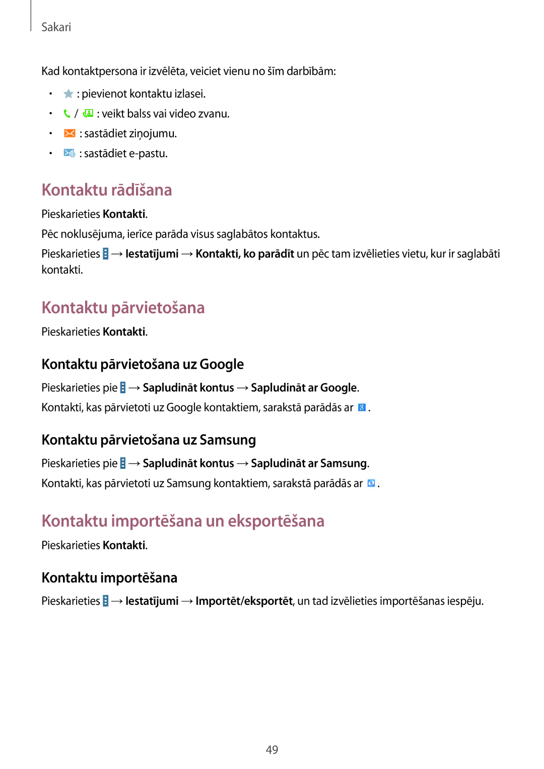 Samsung SM-T535NYKASEB, SM-T535NZWASEB manual Kontaktu rādīšana, Kontaktu pārvietošana, Kontaktu importēšana un eksportēšana 