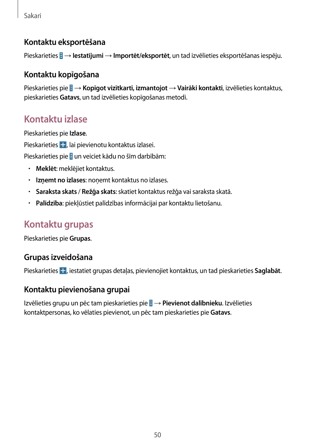 Samsung SM-T535NZWASEB, SM-T535NYKASEB manual Kontaktu izlase, Kontaktu grupas 