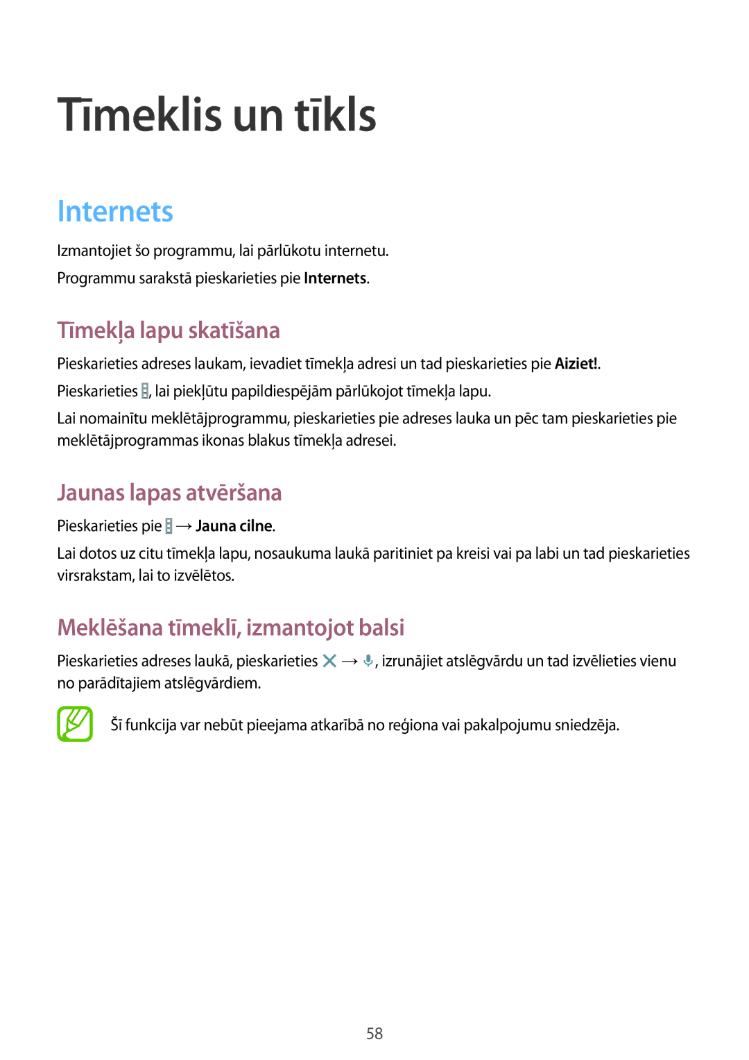 Samsung SM-T535NZWASEB, SM-T535NYKASEB manual Tīmeklis un tīkls, Internets, Tīmekļa lapu skatīšana, Jaunas lapas atvēršana 