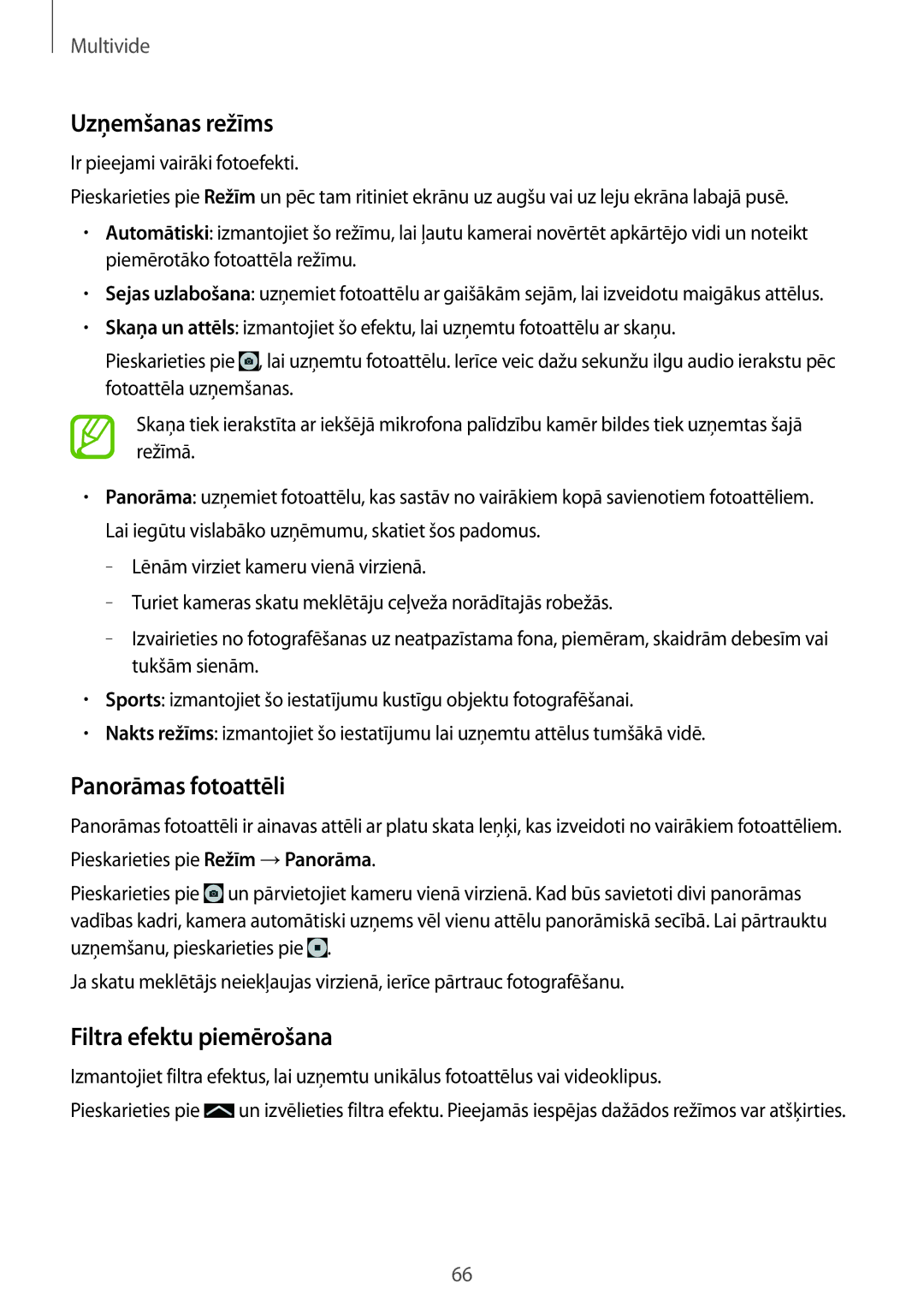 Samsung SM-T535NZWASEB, SM-T535NYKASEB manual Uzņemšanas režīms, Panorāmas fotoattēli, Filtra efektu piemērošana 
