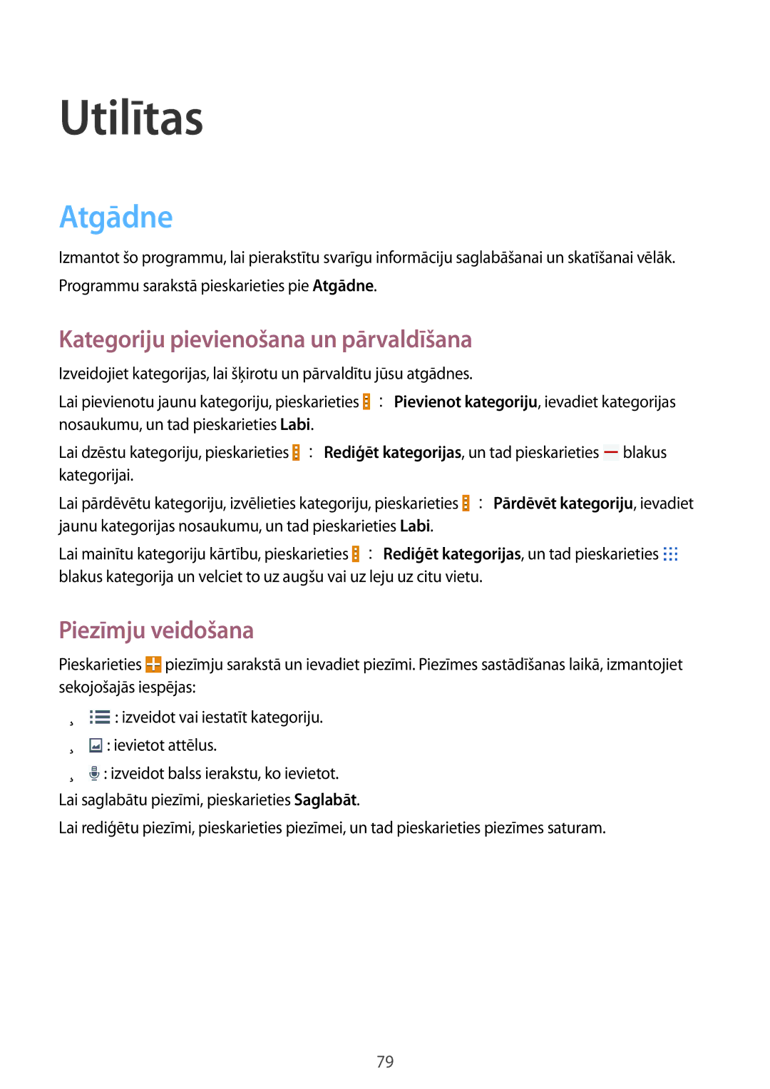 Samsung SM-T535NYKASEB, SM-T535NZWASEB manual Utilītas, Atgādne, Kategoriju pievienošana un pārvaldīšana, Piezīmju veidošana 