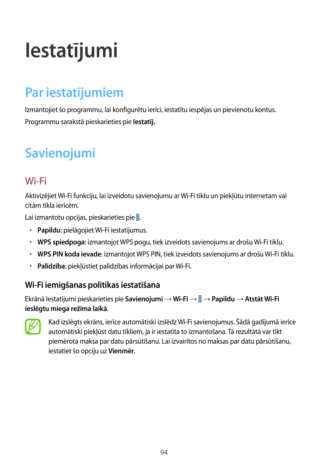 Samsung SM-T535NZWASEB manual Iestatījumi, Par iestatījumiem, Savienojumi, Wi-Fi iemigšanas politikas iestatīšana 