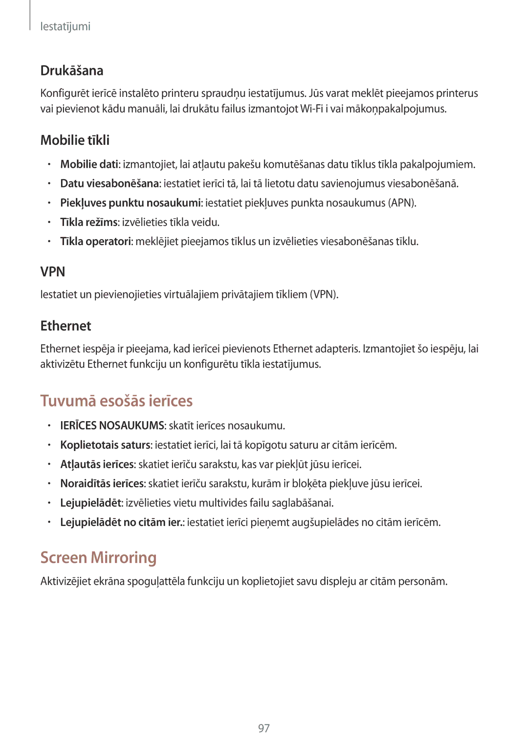 Samsung SM-T535NYKASEB, SM-T535NZWASEB manual Tuvumā esošās ierīces, Screen Mirroring, Drukāšana, Mobilie tīkli, Ethernet 