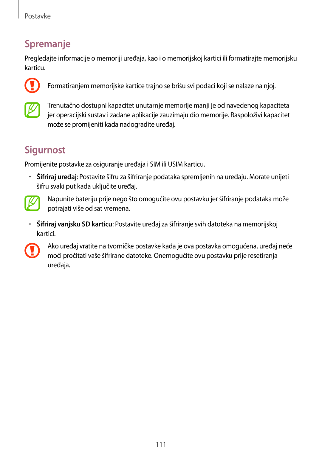 Samsung SM-T535NZWAVIP, SM-T535NZWASEE, SM-T535NZWACRO, SM-T535NYKASEE manual Spremanje, Sigurnost 