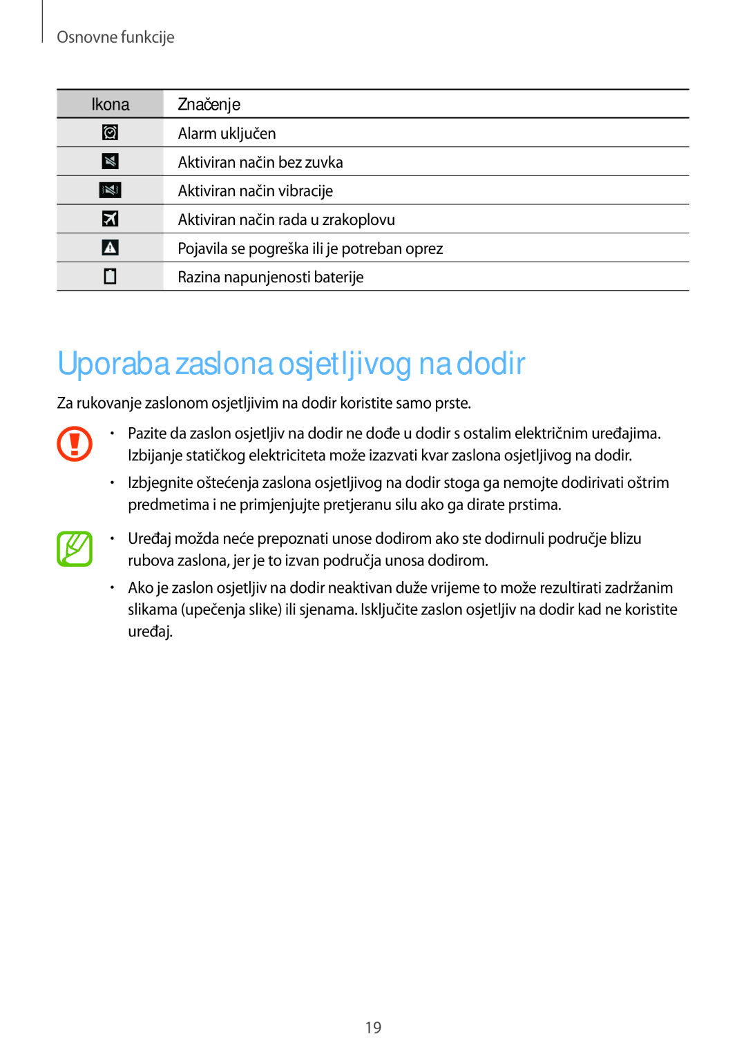 Samsung SM-T535NZWAVIP, SM-T535NZWASEE, SM-T535NZWACRO manual Uporaba zaslona osjetljivog na dodir, Osnovne funkcije 