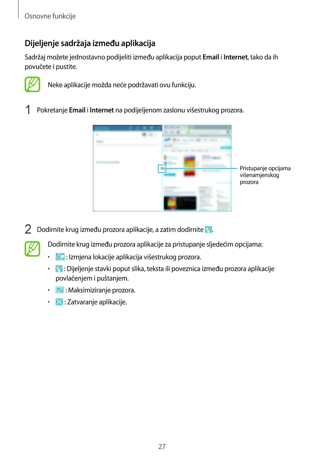 Samsung SM-T535NZWAVIP, SM-T535NZWASEE, SM-T535NZWACRO, SM-T535NYKASEE manual Dijeljenje sadržaja između aplikacija 