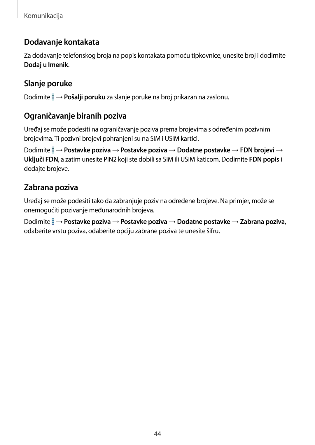 Samsung SM-T535NZWASEE, SM-T535NZWACRO Dodavanje kontakata, Slanje poruke, Ograničavanje biranih poziva, Zabrana poziva 