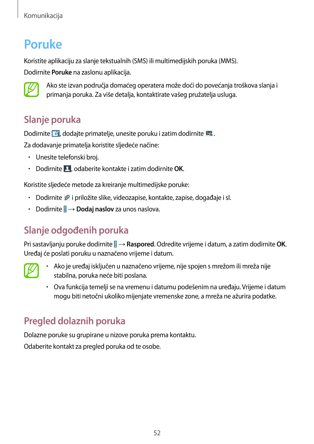 Samsung SM-T535NZWASEE, SM-T535NZWACRO manual Poruke, Slanje poruka, Slanje odgođenih poruka, Pregled dolaznih poruka 