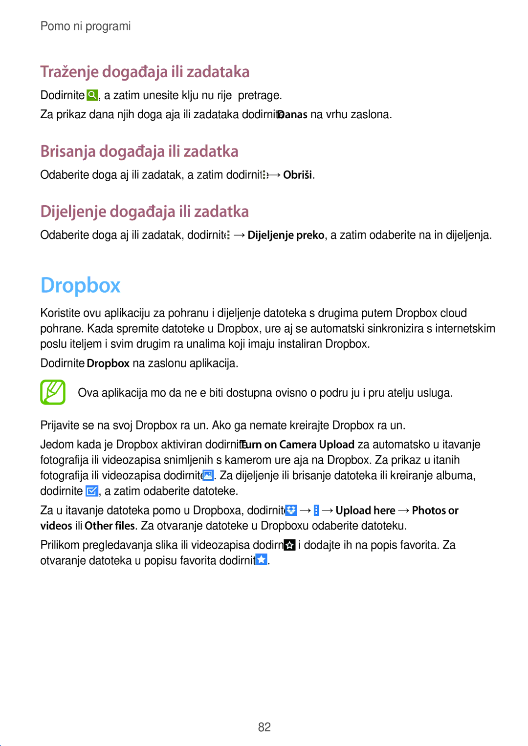 Samsung SM-T535NYKASEE, SM-T535NZWASEE manual Dropbox, Traženje događaja ili zadataka, Brisanja događaja ili zadatka 