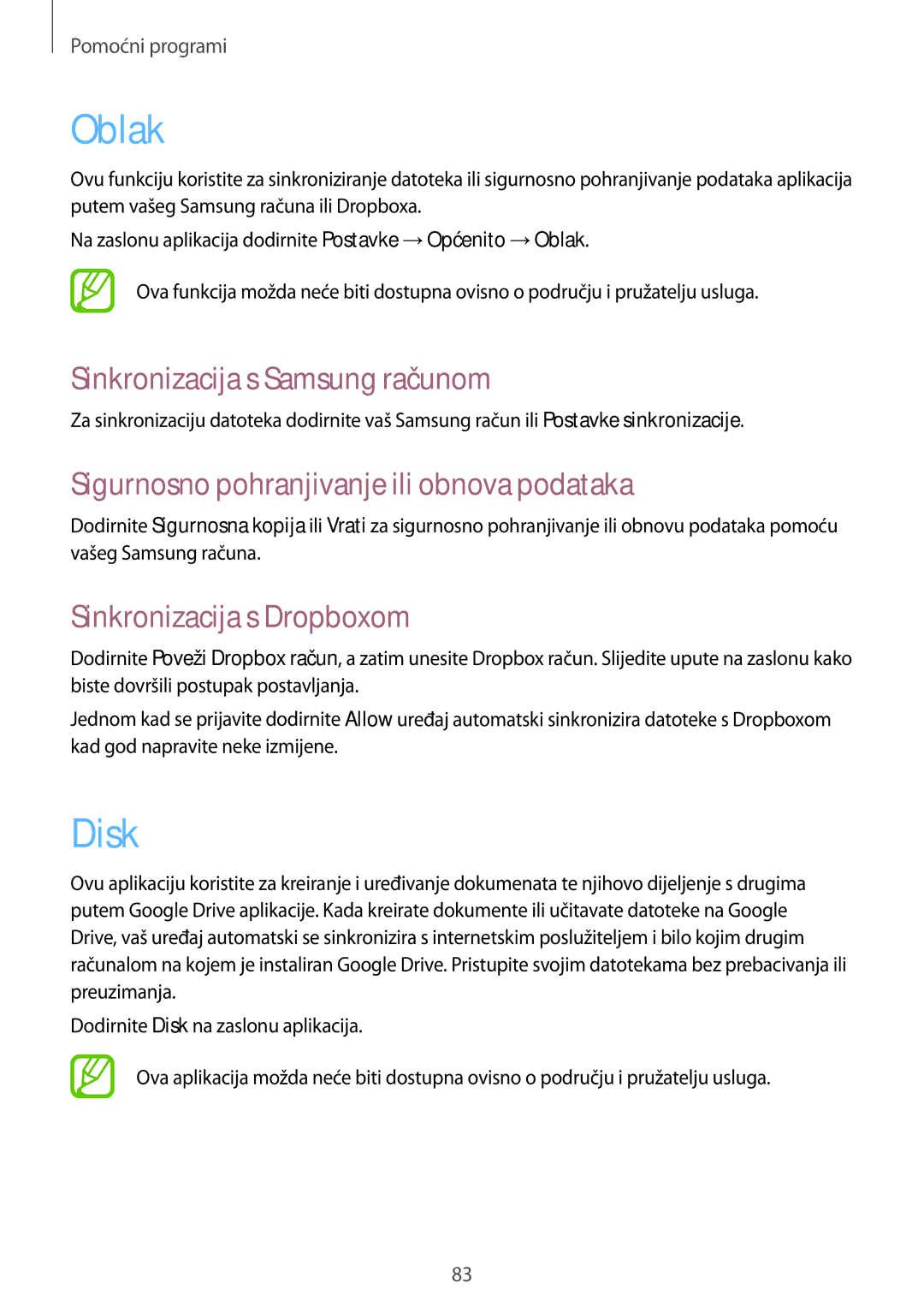 Samsung SM-T535NZWAVIP manual Oblak, Disk, Sinkronizacija s Samsung računom, Sigurnosno pohranjivanje ili obnova podataka 