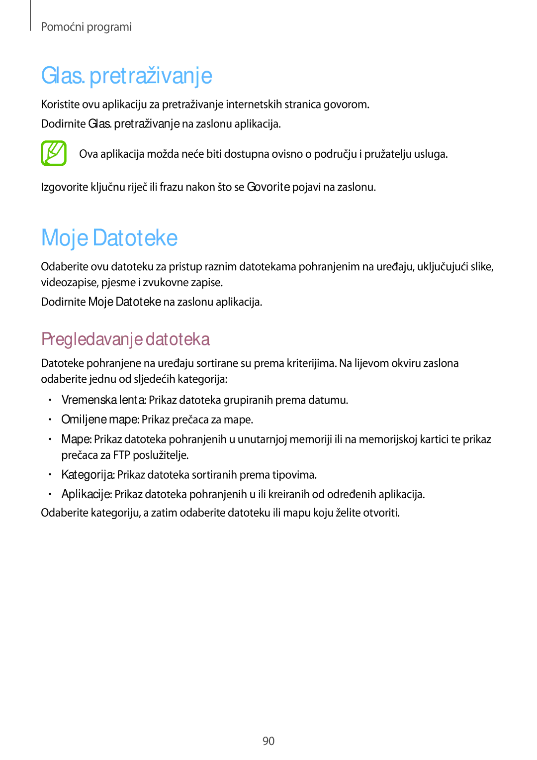 Samsung SM-T535NYKASEE, SM-T535NZWASEE, SM-T535NZWACRO manual Glas. pretraživanje, Moje Datoteke, Pregledavanje datoteka 