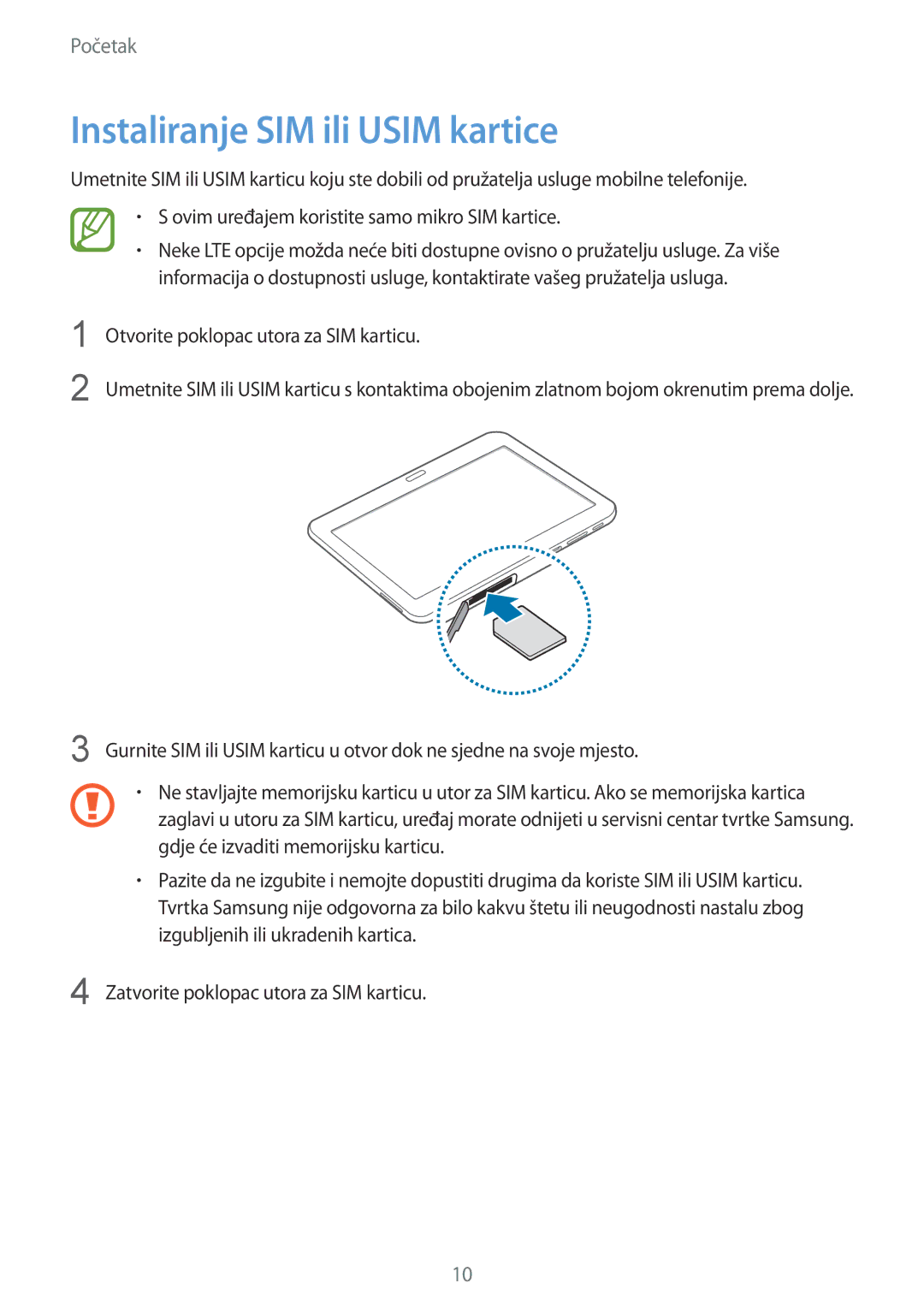 Samsung SM-T535NYKASEE, SM-T535NZWASEE, SM-T535NZWACRO, SM-T535NZWAVIP manual Instaliranje SIM ili Usim kartice 