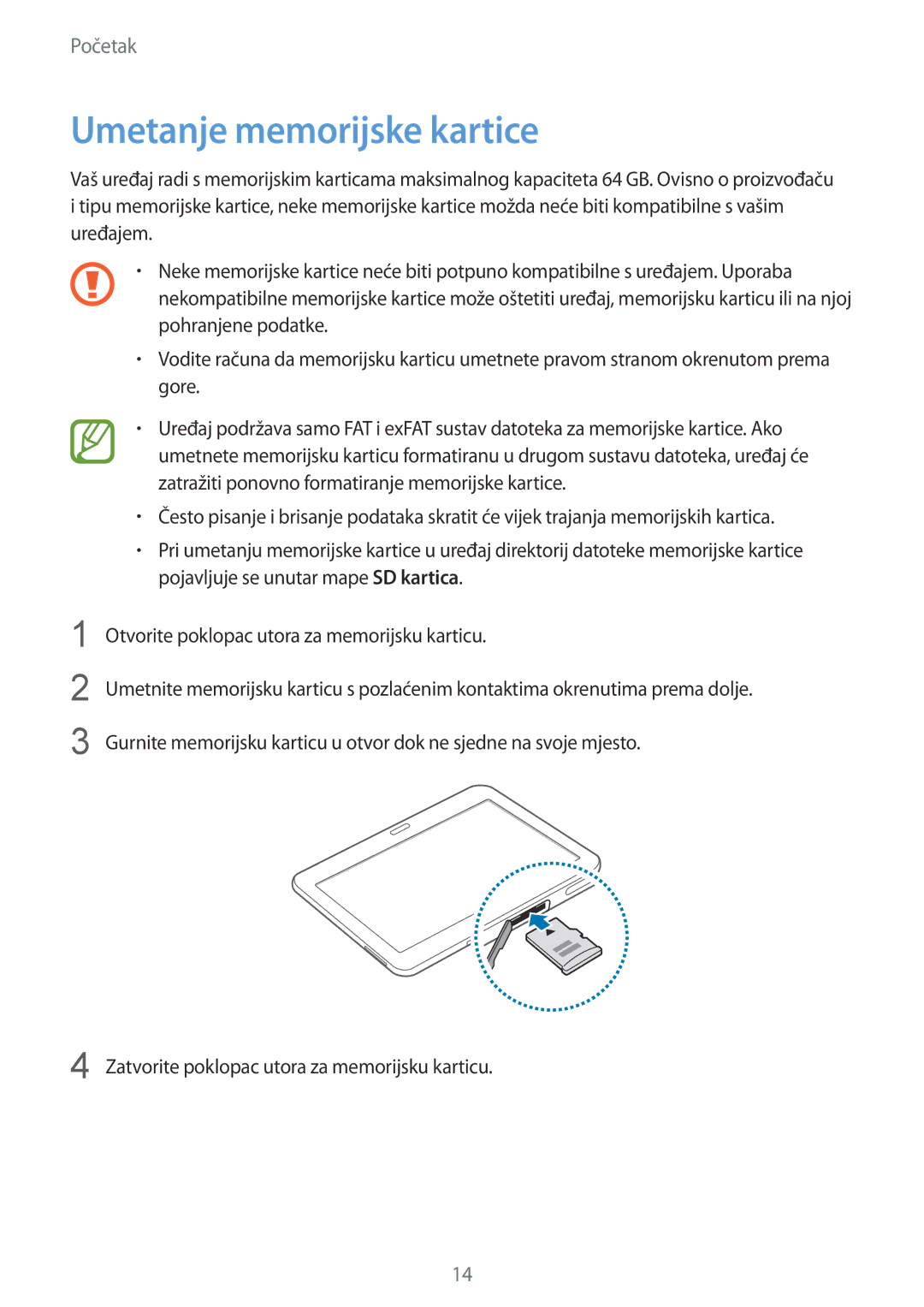 Samsung SM-T535NYKASEE, SM-T535NZWASEE, SM-T535NZWACRO, SM-T535NZWAVIP manual Umetanje memorijske kartice 