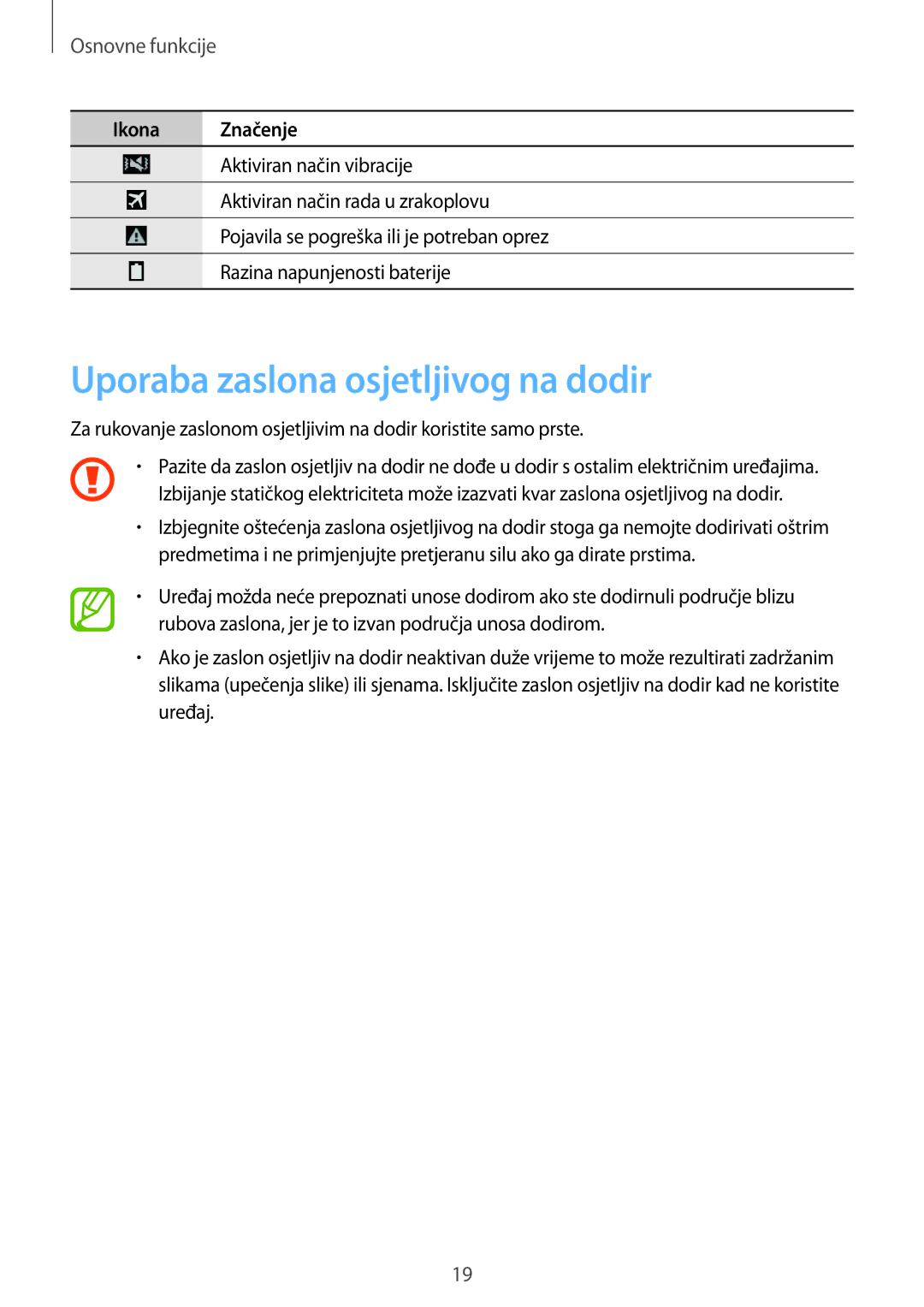 Samsung SM-T535NZWAVIP, SM-T535NZWASEE, SM-T535NZWACRO manual Uporaba zaslona osjetljivog na dodir, Osnovne funkcije 