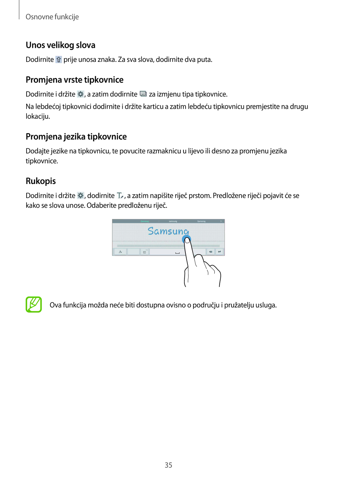 Samsung SM-T535NZWAVIP, SM-T535NZWASEE Unos velikog slova, Promjena vrste tipkovnice, Promjena jezika tipkovnice, Rukopis 