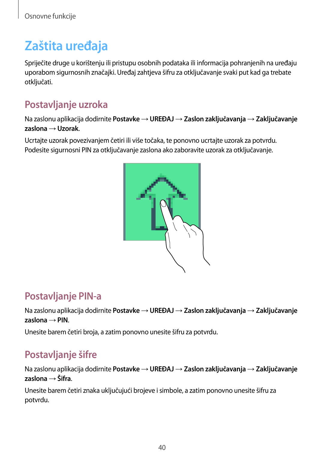 Samsung SM-T535NZWASEE, SM-T535NZWACRO manual Zaštita uređaja, Postavljanje uzroka, Postavljanje PIN-a, Postavljanje šifre 