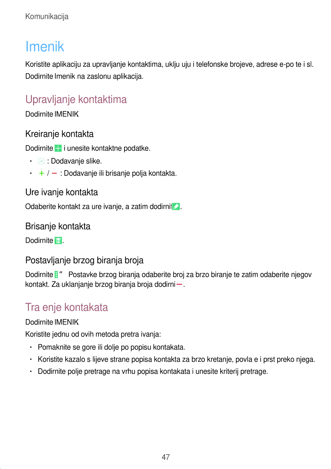 Samsung SM-T535NZWAVIP, SM-T535NZWASEE, SM-T535NZWACRO, SM-T535NYKASEE Imenik, Upravljanje kontaktima, Traženje kontakata 