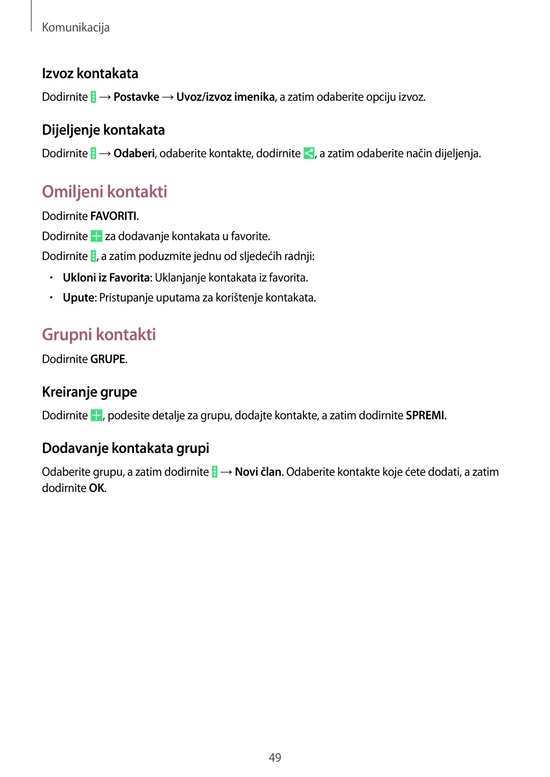 Samsung SM-T535NZWACRO, SM-T535NZWASEE, SM-T535NYKASEE, SM-T535NZWAVIP manual Omiljeni kontakti, Grupni kontakti 