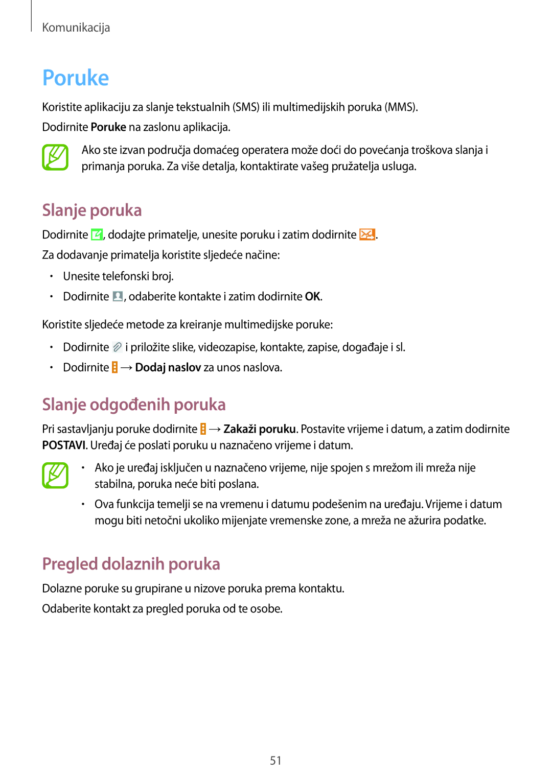 Samsung SM-T535NZWAVIP, SM-T535NZWASEE manual Poruke, Slanje poruka, Slanje odgođenih poruka, Pregled dolaznih poruka 