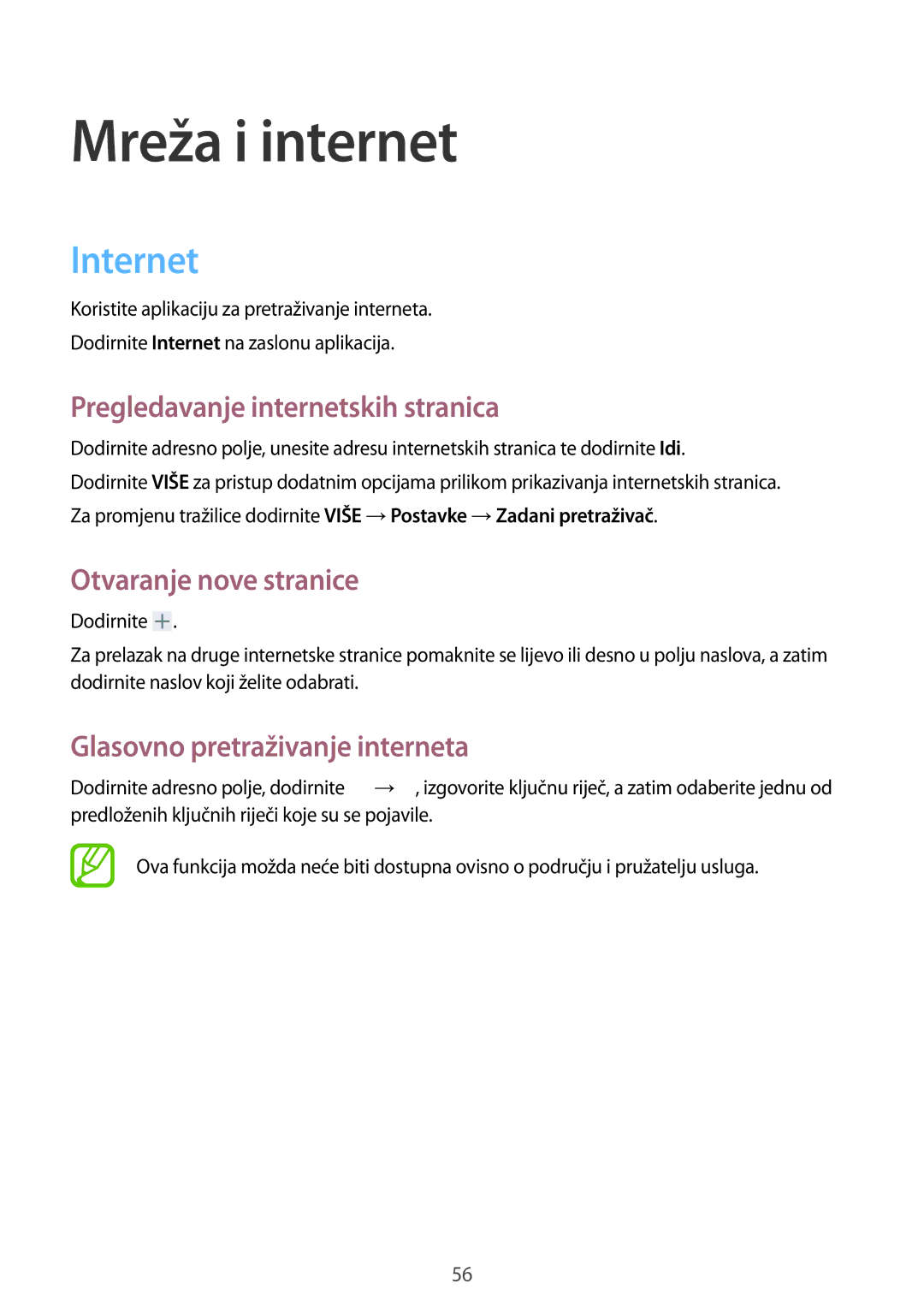 Samsung SM-T535NZWASEE manual Mreža i internet, Internet, Pregledavanje internetskih stranica, Otvaranje nove stranice 