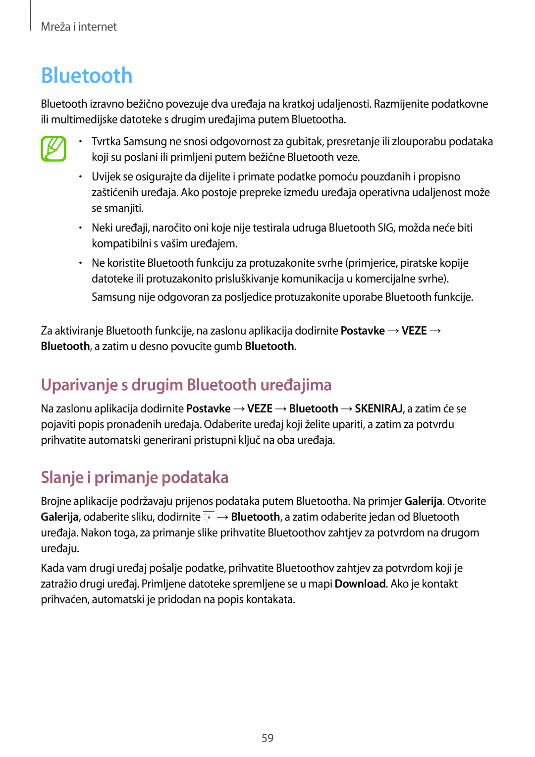 Samsung SM-T535NZWAVIP, SM-T535NZWASEE manual Uparivanje s drugim Bluetooth uređajima, Slanje i primanje podataka 