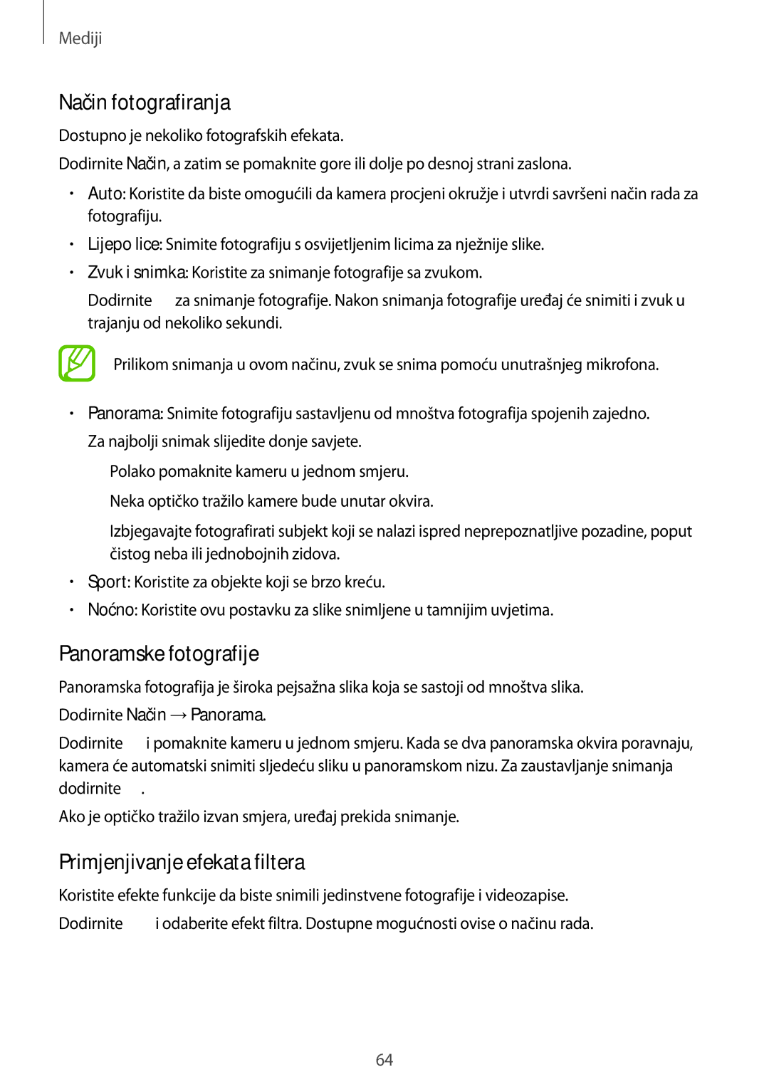 Samsung SM-T535NZWASEE, SM-T535NZWACRO manual Način fotografiranja, Panoramske fotografije, Primjenjivanje efekata filtera 