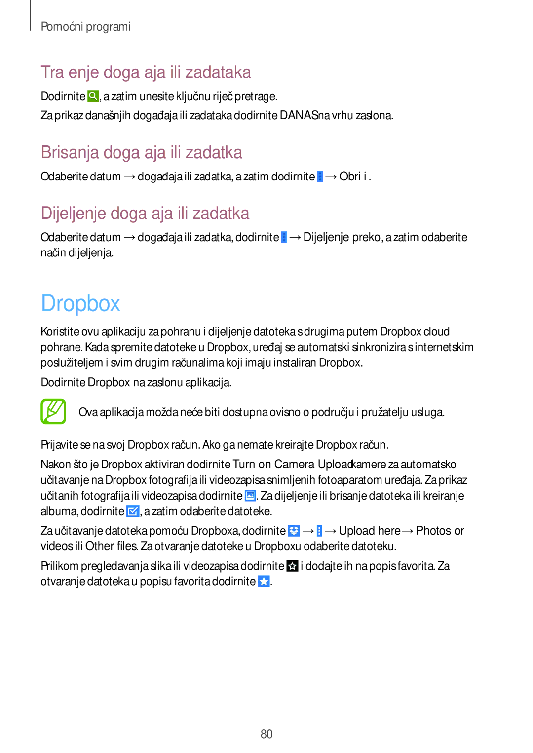 Samsung SM-T535NZWASEE, SM-T535NZWACRO manual Dropbox, Traženje događaja ili zadataka, Brisanja događaja ili zadatka 