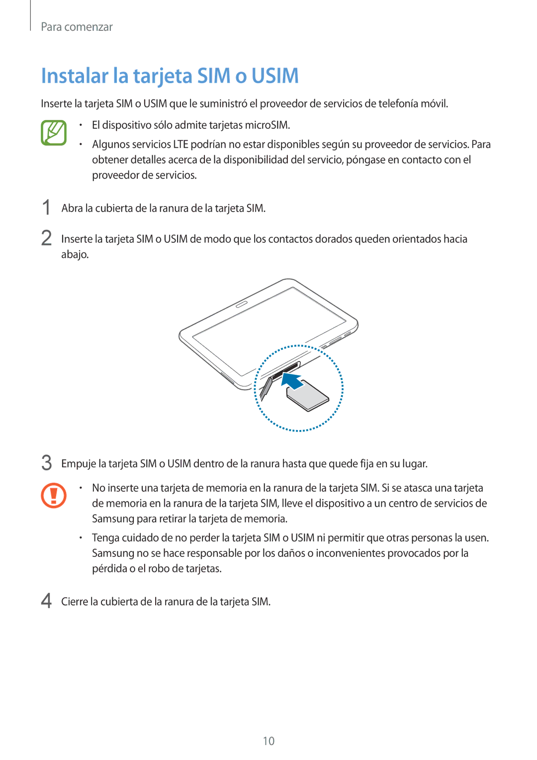 Samsung SM-T535NZWAXEH, SM-T535NZWATPH, SM-T535NZWAXEO, SM-T535NYKATPH, SM-T535NYKAXEO manual Instalar la tarjeta SIM o Usim 