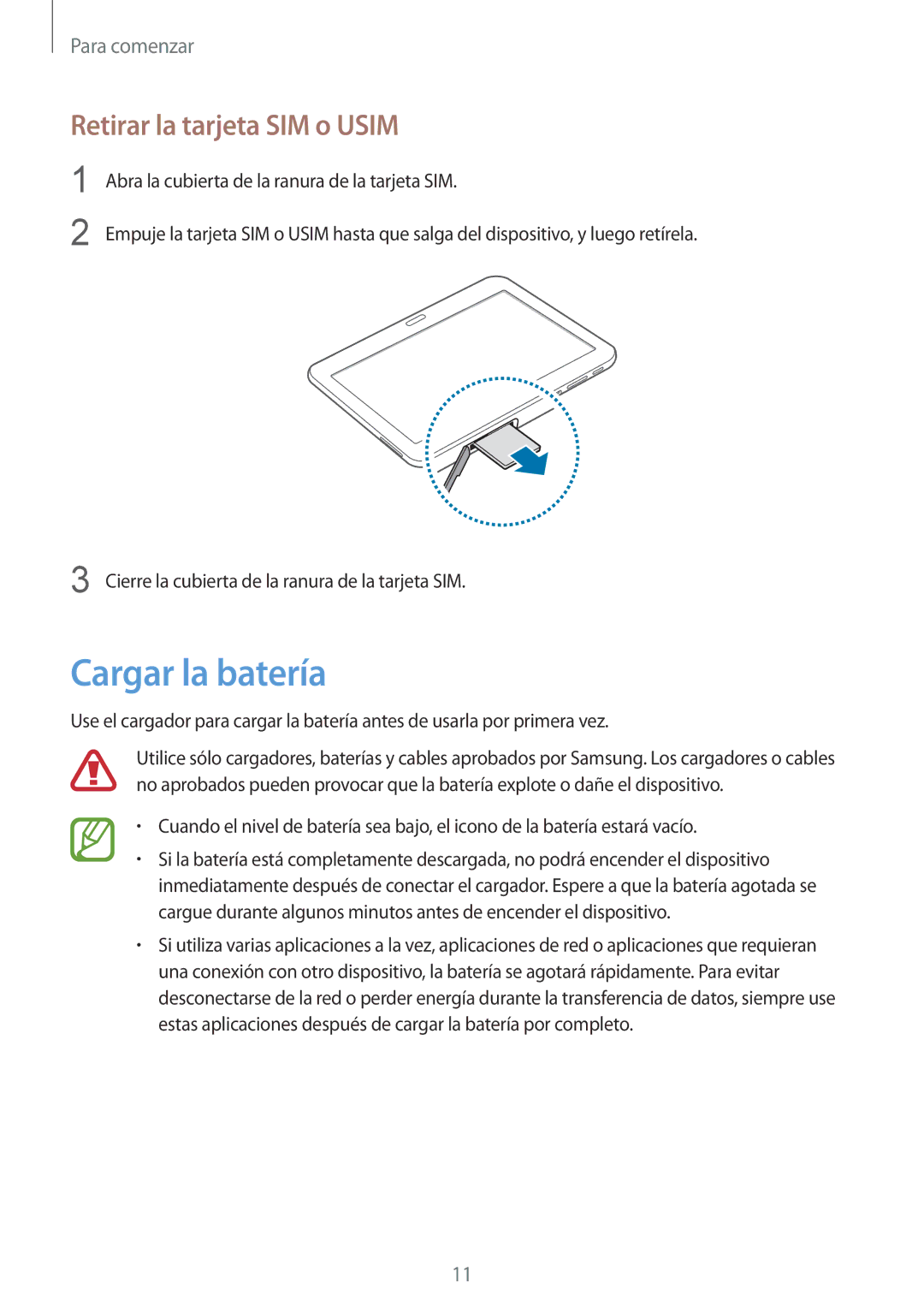 Samsung SM-T535NZWANEE, SM-T535NZWATPH, SM-T535NZWAXEO, SM-T535NYKATPH manual Cargar la batería, Retirar la tarjeta SIM o Usim 