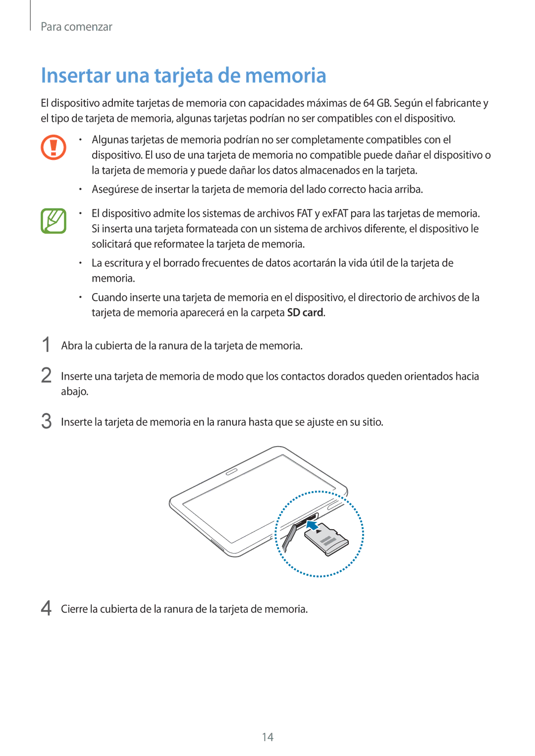 Samsung SM-T535NZWATPH, SM-T535NZWAXEO, SM-T535NYKATPH, SM-T535NYKAXEO, SM-T535NZWATIM manual Insertar una tarjeta de memoria 