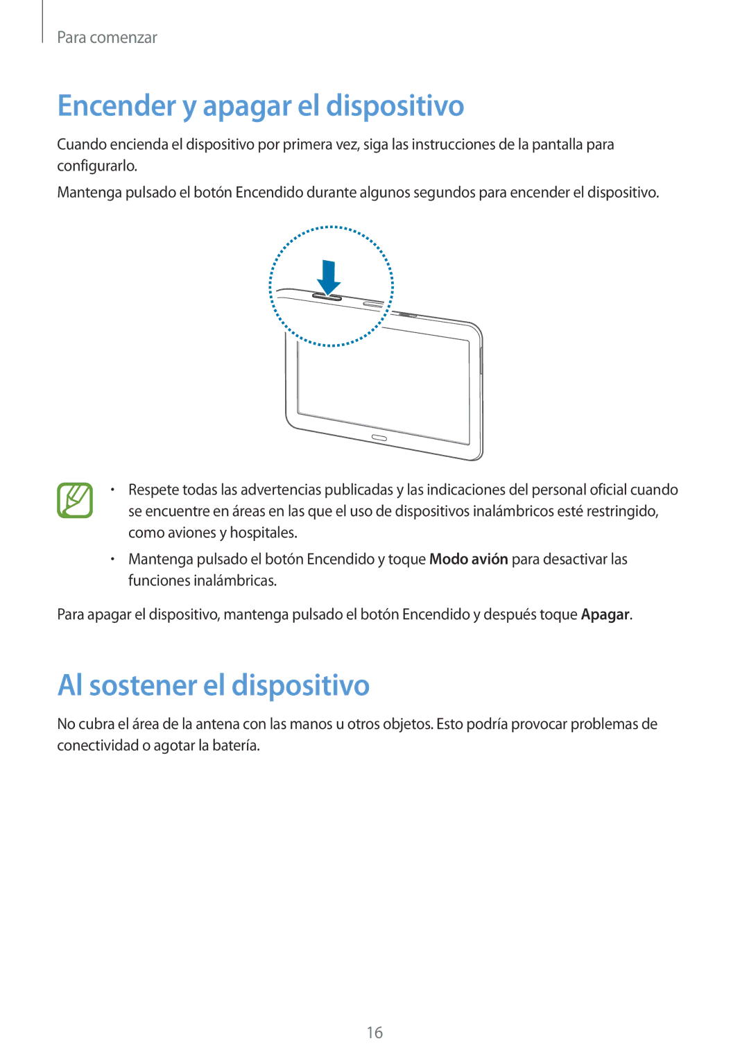 Samsung SM-T535NYKATPH, SM-T535NZWATPH, SM-T535NZWAXEO manual Encender y apagar el dispositivo, Al sostener el dispositivo 