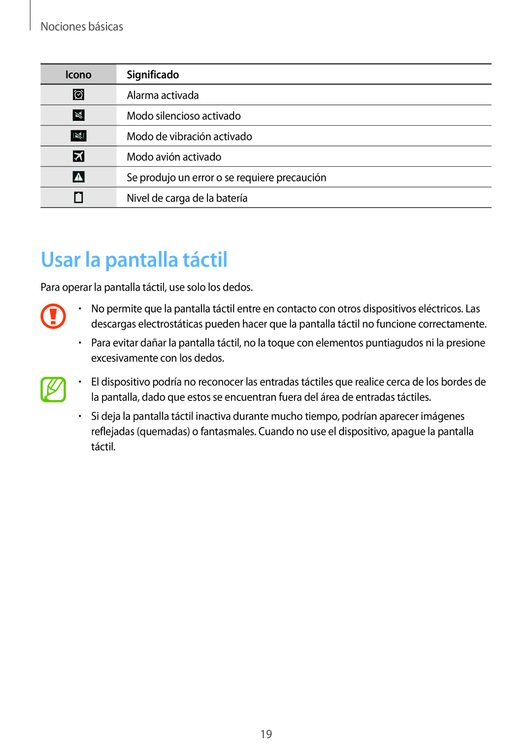 Samsung SM-T535NZWAITV, SM-T535NZWATPH, SM-T535NZWAXEO, SM-T535NYKATPH manual Usar la pantalla táctil, Nociones básicas 