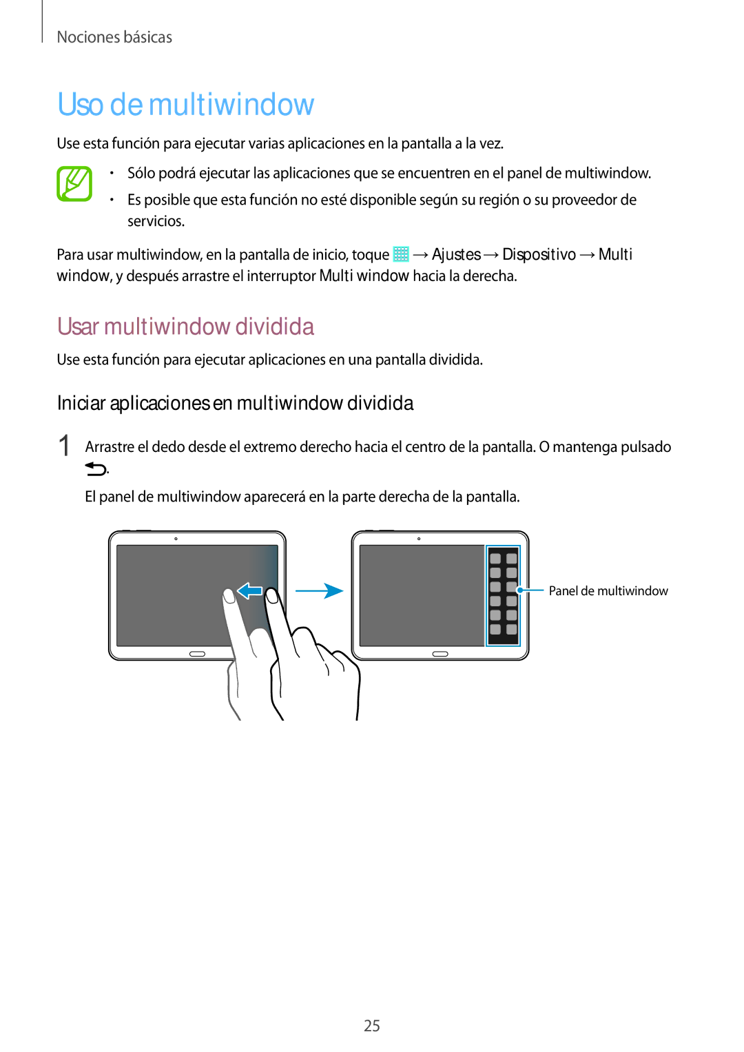 Samsung SM-T535NZWANEE manual Uso de multiwindow, Usar multiwindow dividida, Iniciar aplicaciones en multiwindow dividida 