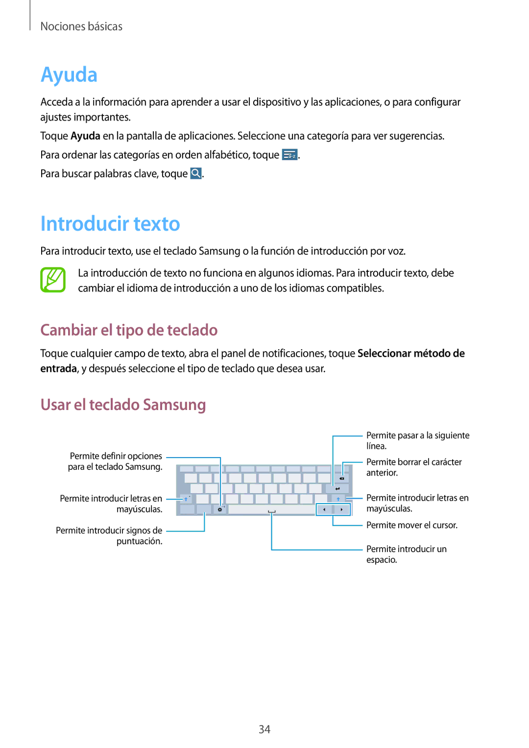 Samsung SM-T535NZWAATL, SM-T535NZWATPH manual Ayuda, Introducir texto, Cambiar el tipo de teclado, Usar el teclado Samsung 