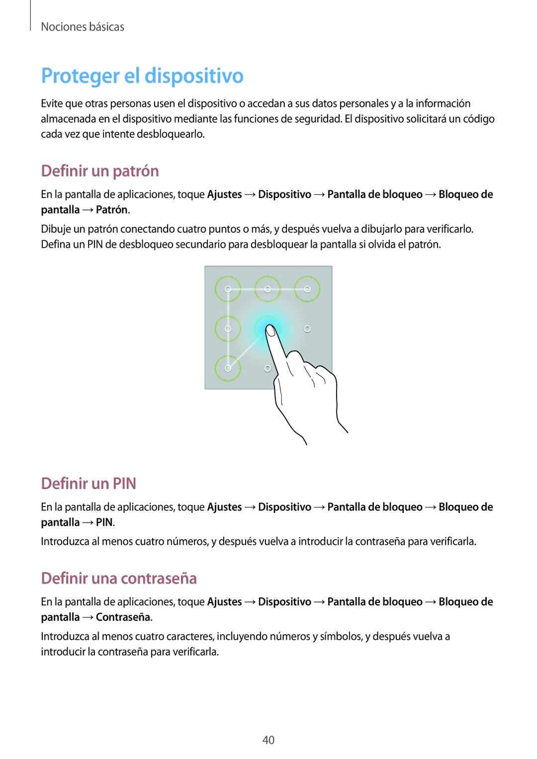 Samsung SM-T535NYKAXEZ, SM-T535NZWATPH Proteger el dispositivo, Definir un patrón, Definir un PIN, Definir una contraseña 