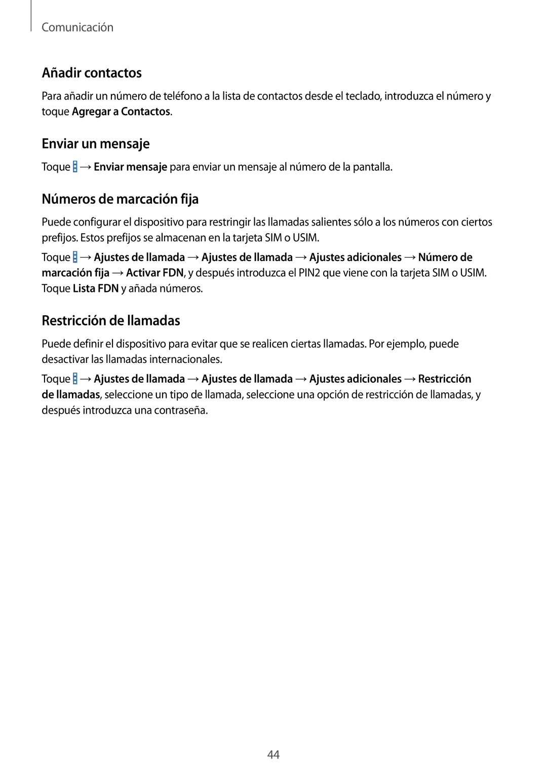 Samsung SM-T535NYKATPH manual Añadir contactos, Enviar un mensaje, Números de marcación fija, Restricción de llamadas 