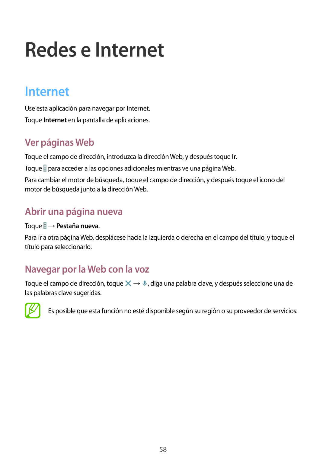 Samsung SM-T535NYKATPH manual Redes e Internet, Ver páginas Web, Abrir una página nueva, Navegar por la Web con la voz 