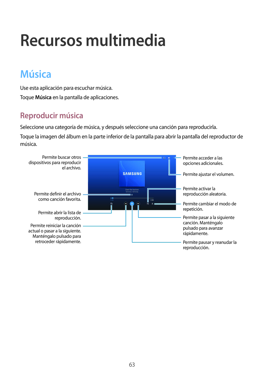 Samsung SM-T535NYKAAMO, SM-T535NZWATPH, SM-T535NZWAXEO, SM-T535NYKATPH manual Recursos multimedia, Música, Reproducir música 