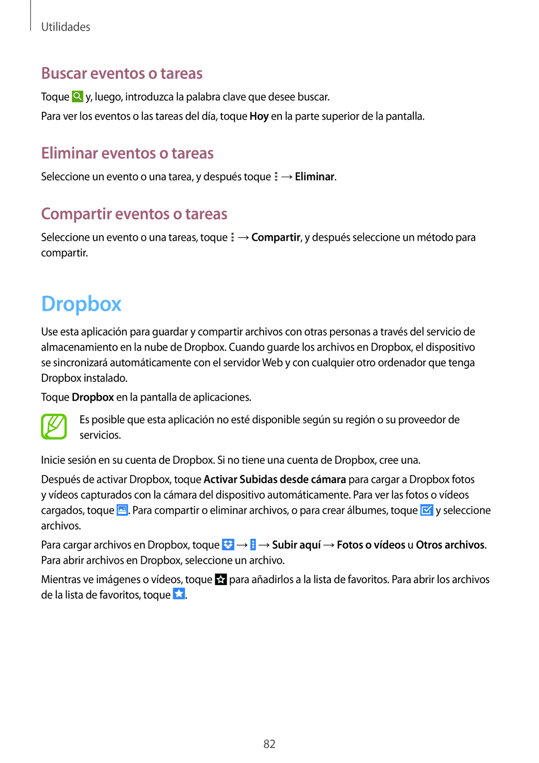 Samsung SM-T535NYKAXEZ manual Dropbox, Buscar eventos o tareas, Eliminar eventos o tareas, Compartir eventos o tareas 