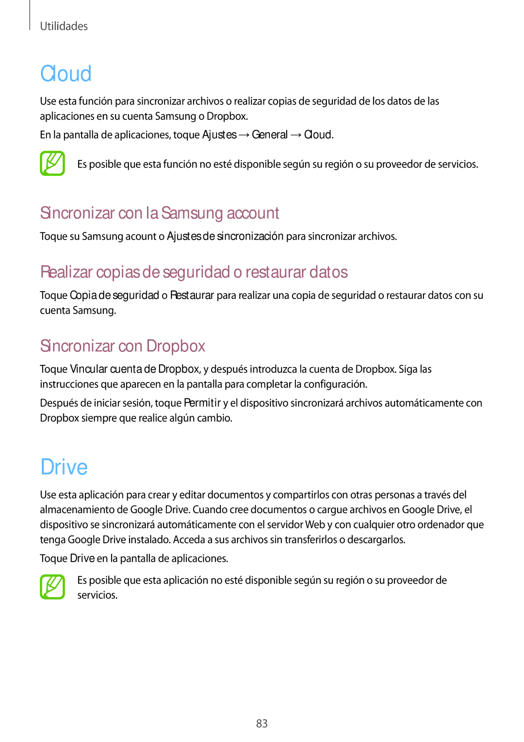 Samsung SM-T535NYKAXEH Cloud, Drive, Sincronizar con la Samsung account, Realizar copias de seguridad o restaurar datos 