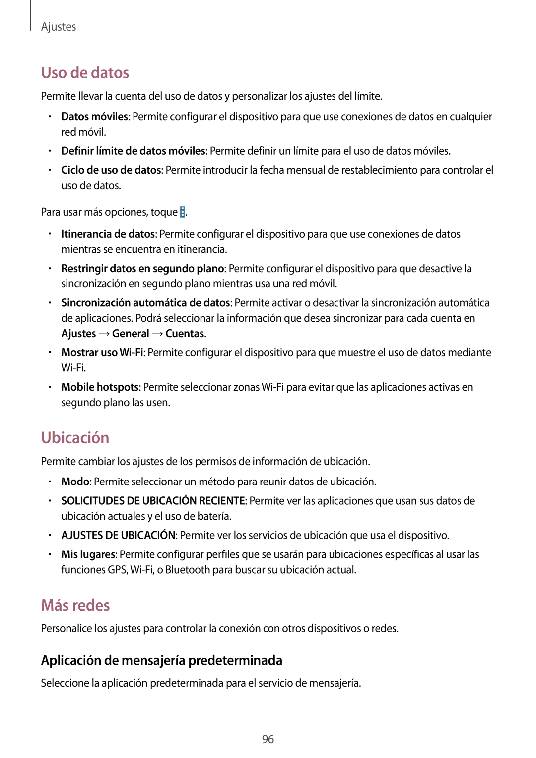 Samsung SM-T535NYKAXEZ, SM-T535NZWATPH manual Uso de datos, Ubicación, Más redes, Aplicación de mensajería predeterminada 