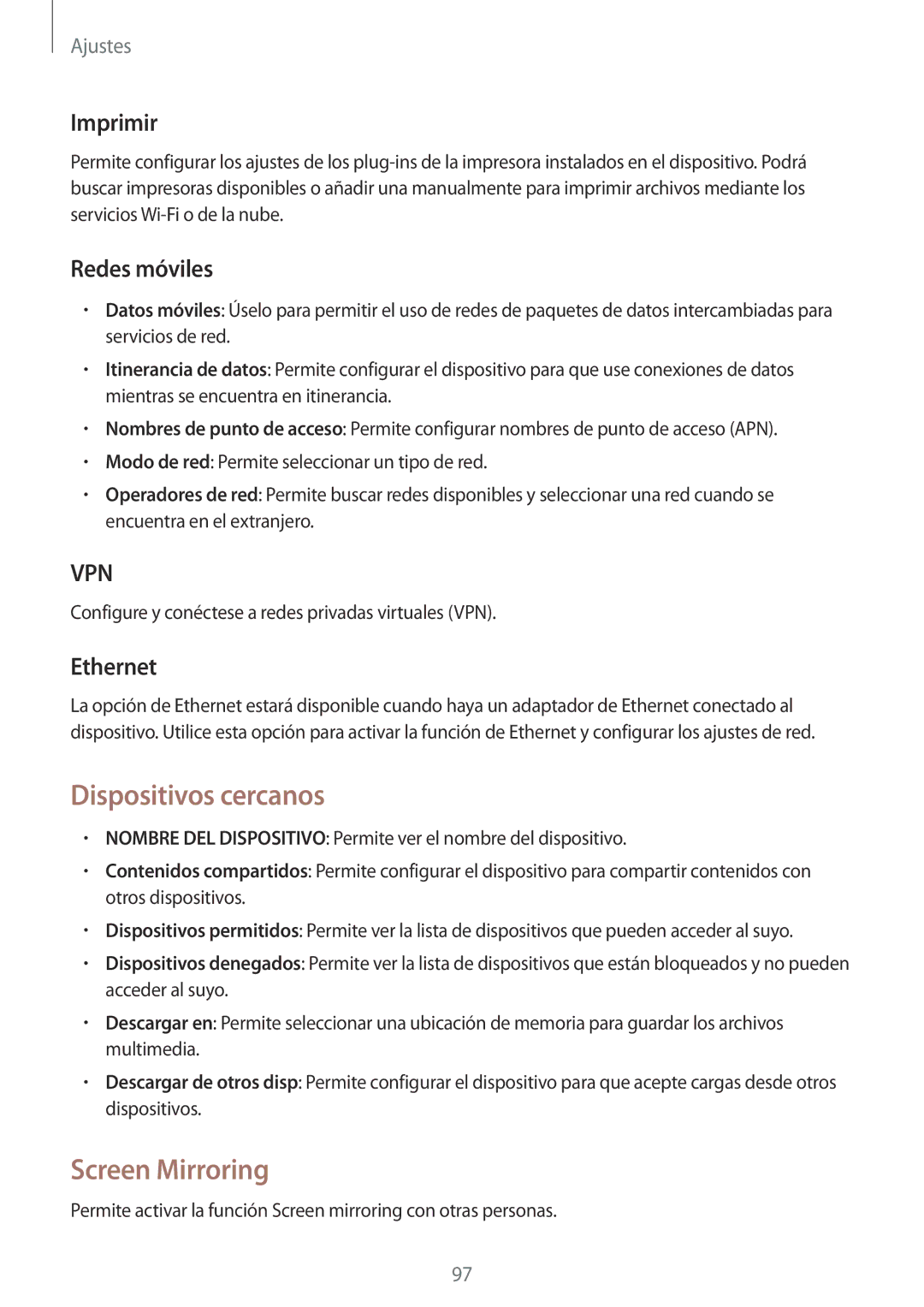 Samsung SM-T535NYKAXEH, SM-T535NZWATPH manual Dispositivos cercanos, Screen Mirroring, Imprimir, Redes móviles, Ethernet 