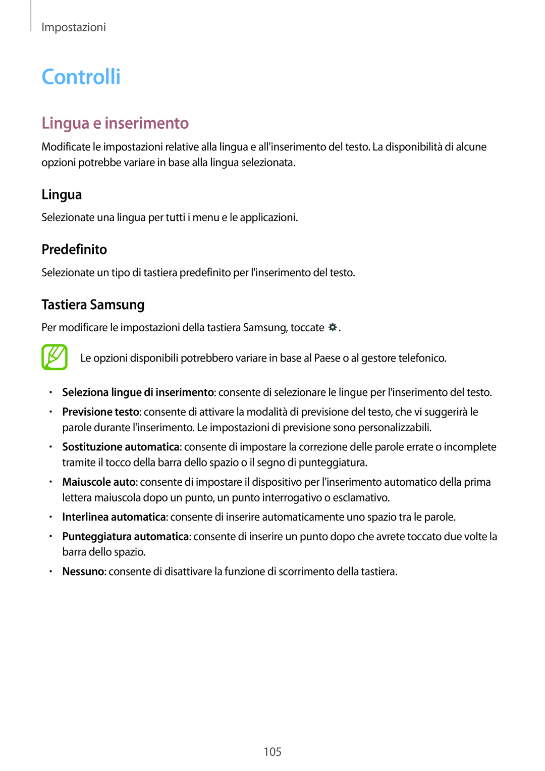 Samsung SM-T535NZWATIM, SM-T535NZWAWIN, SM-T535NZWAAUT manual Controlli, Lingua e inserimento, Predefinito, Tastiera Samsung 